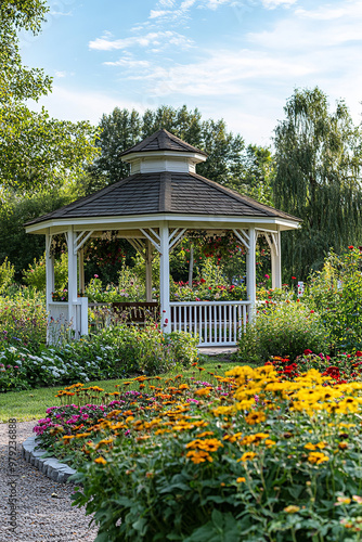 Charming village garden with a classic gazebo, flower beds, and serene surroundings photo