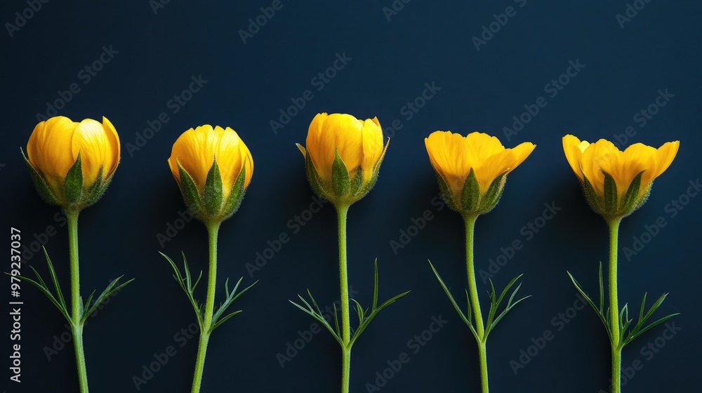 Obraz premium A sequence of yellow flowers showing different stages of bloom, from closed buds to full blossoms, on a dark background.