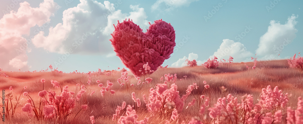 Obraz premium Fantasy surreal landscape with giant pink red heart shaped tree bush, Valentine's Day background with copy space