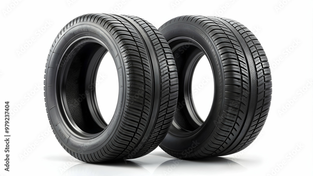 Obraz premium Two black tires isolated on a white background, automobile, transportation, rubber, road, vehicle, maintenance, pair, black, round