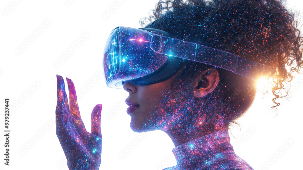 Woman in VR Headset with Digital Particles, Immersed in Metaverse