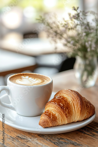 Coffee cup with a croissant, leaving room for breakfast menu text photo