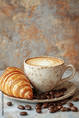 Coffee cup with a croissant, leaving room for breakfast menu text photo