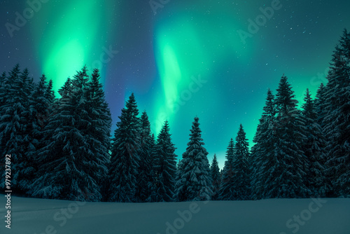 Aurora borealis. Northern lights in winter forest. Sky with polar lights and stars. Night winter landscape with aurora and pine tree forest. Travel concept