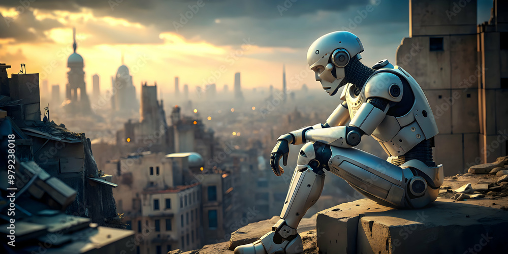 Sad robot sitting on ruins of city, resting head , alone, desolate, contemplation, artificial intelligence Sad robot sitting on ruins of city, resting head , alone, desolate, contemplation, artificial intelligence