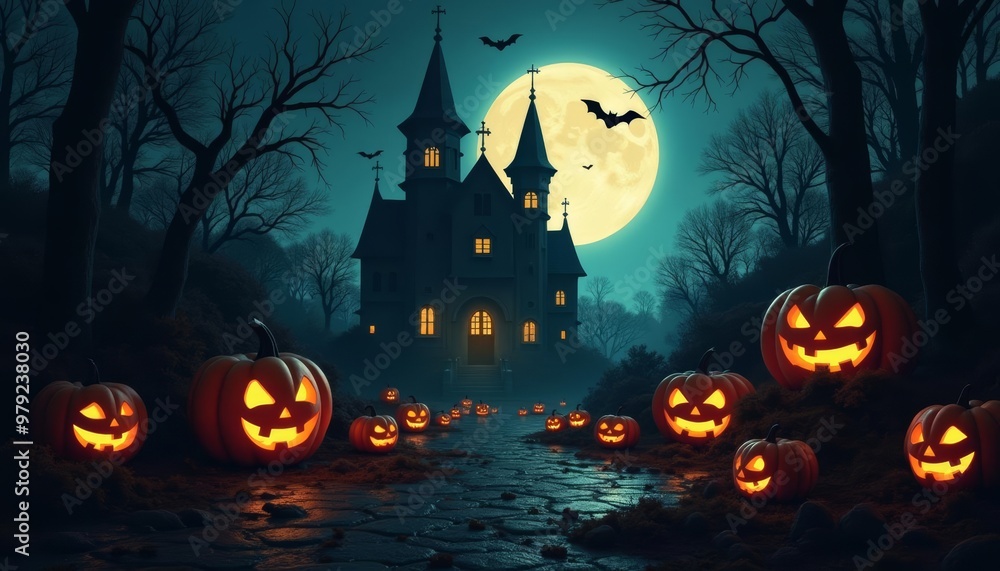 Enchanted Halloween path leading to haunted castle under full moon Enchanted Halloween path leading to haunted castle under full moon