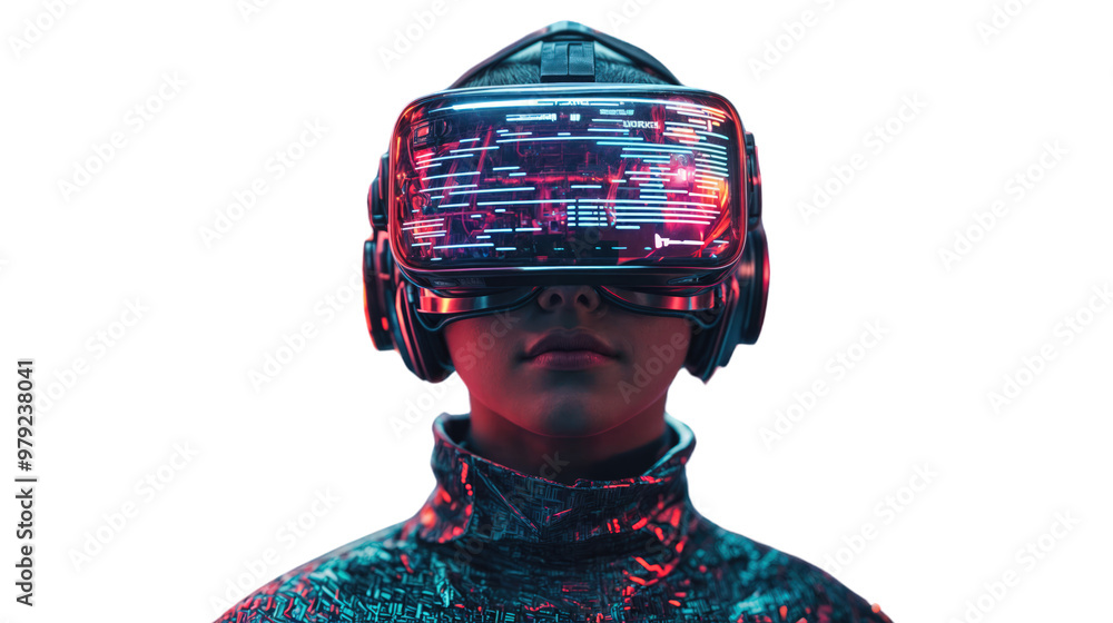 Cyberpunk Avatar with VR Headset, Immersed in Virtual World