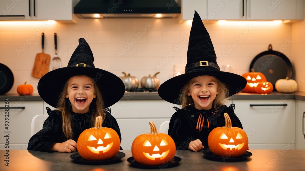 Fototapeta premium Girls in witch hats joyfully carving jack-o-lantern pumpkins for Halloween