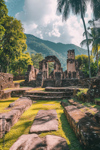 Colombian historic site with ancient ruins and lush surrounding vegetation photo