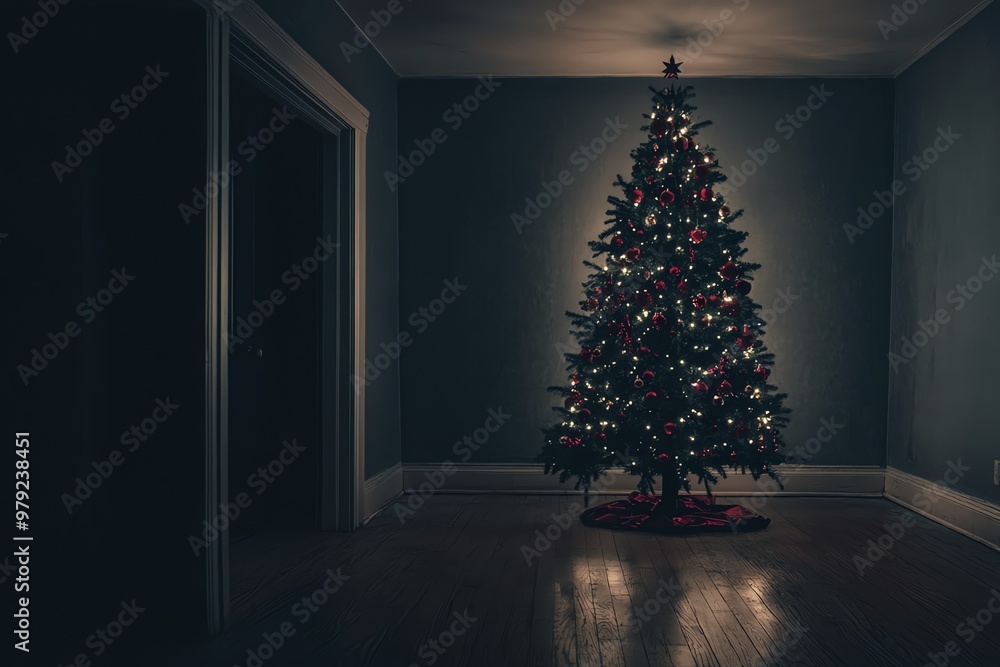 Fototapeta premium A dimly lit room with a decorated Christmas tree, creating a cozy and festive atmosphere for the holiday season.