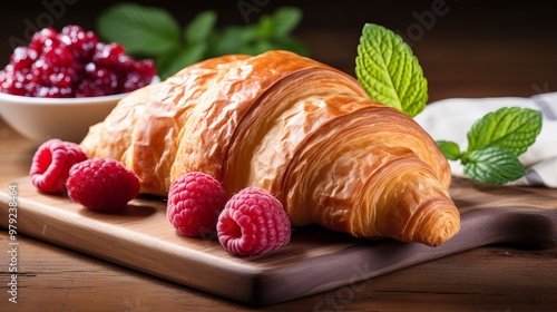 Wallpaper Mural Freshly baked croissant with raspberries and berry jam on a wooden board in a cozy kitchen setting Torontodigital.ca