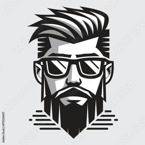 Black and white portrait of a bearded man wearing glasses with a modern hairstyle, stylized graphics.
