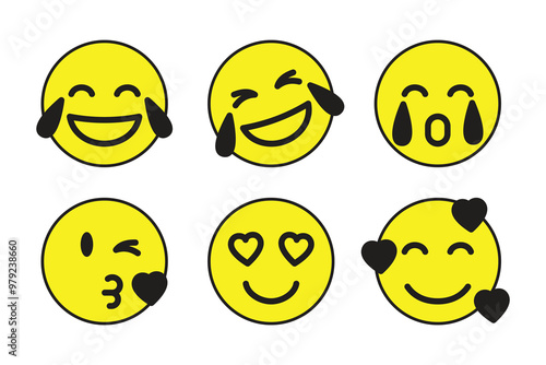Six yellow emoticons with different emotions: laughing, crying, kissing, eyes-hearts, falling in love.