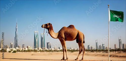 Saudi national day poster illustration in watercolor style with desert scene. photo