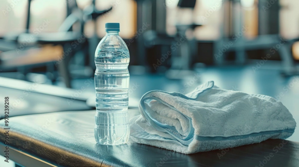 Close-up of a water bottle and towel on a gym bench Close-up of a water bottle and towel on a gym bench