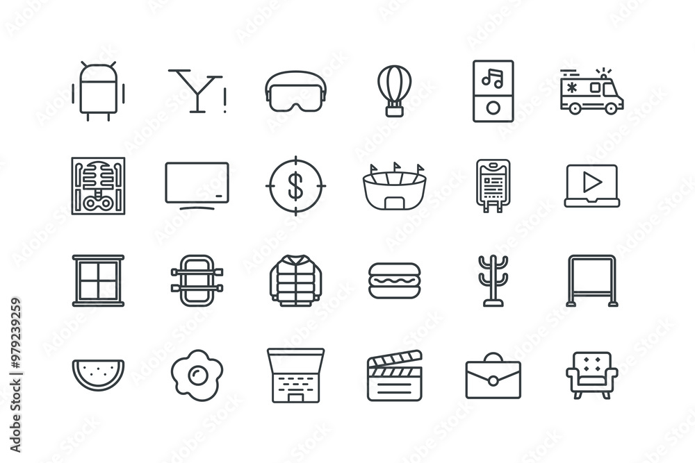 3d glasses, Air Baloon, Airpod icon, Ambulance, set of icons for web design, vector illustration 3d glasses, Air Baloon, Airpod icon, Ambulance, set of icons for web design, vector illustration