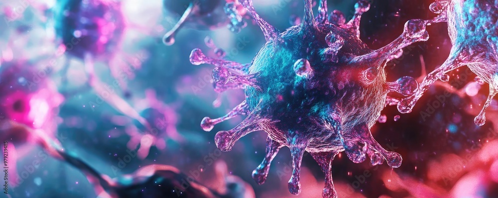 A vivid microscopic view of a virus, showcasing intricate details, colors, and textures for scientific and educational purposes. A vivid microscopic view of a virus, showcasing intricate details, colors, and textures for scientific and educational purposes.