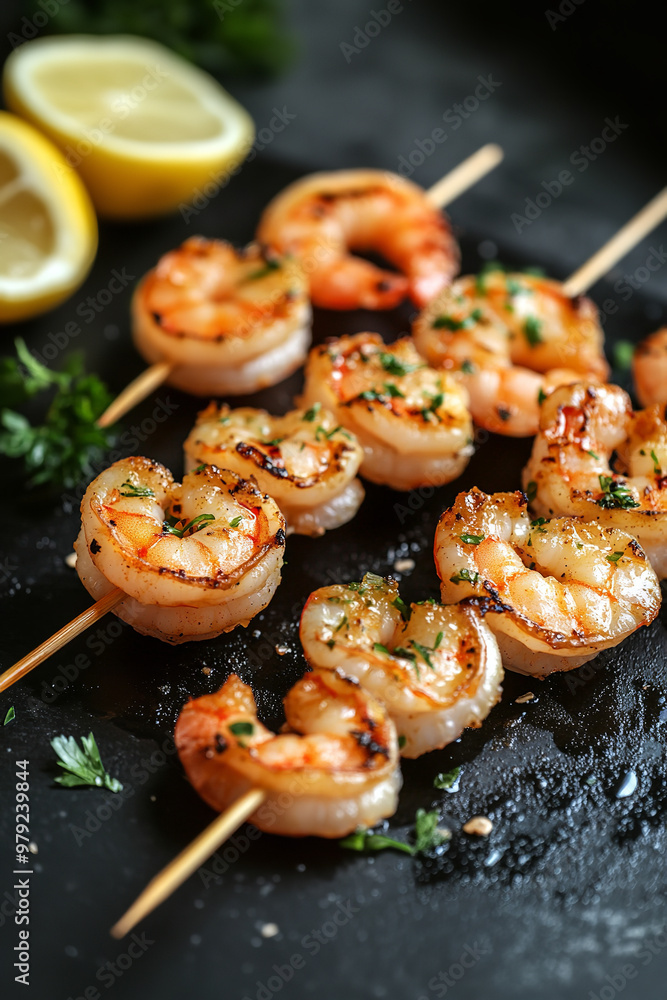 Grilled shrimp skewers with lemon, leaving space for seafood menu text Grilled shrimp skewers with lemon, leaving space for seafood menu text