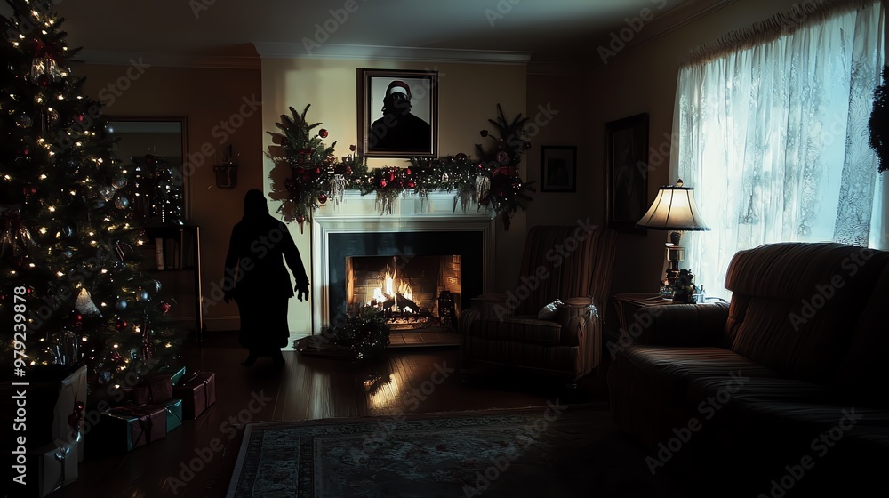 A dark Christmas living room with a glowing fireplace, decorated tree, presents, and a figure standing near the door. A dark Christmas living room with a glowing fireplace, decorated tree, presents, and a figure standing near the door.