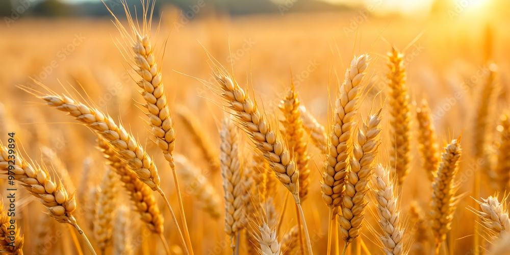 Fototapeta premium Close-up of wheat stalks against blurred wheat field, agriculture, crop, farm, growth, golden, nature, harvest, field