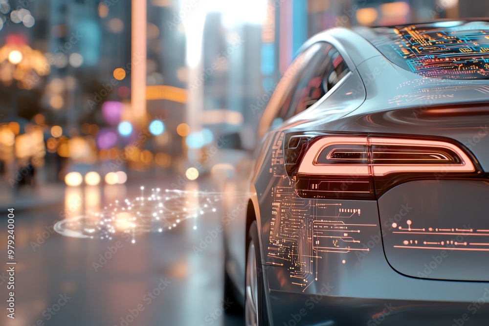 A sleek, modern electric car in a vibrant city, showcasing digital elements and technological innovation in urban mobility. A sleek, modern electric car in a vibrant city, showcasing digital elements and technological innovation in urban mobility.