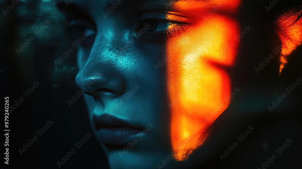 A captivating portrait with striking light and shadow, showcasing the beauty of emotion and reflection in a unique color palette. A captivating portrait with striking light and shadow, showcasing the beauty of emotion and reflection in a unique color palette.