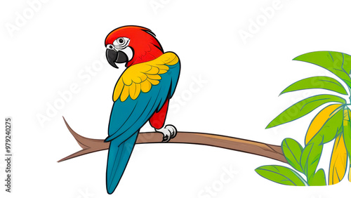 One bright parrot sitting on a branch. Illustration isolated on transparent background.