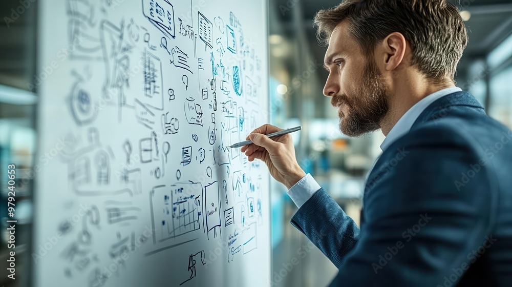 Businessman writing on whiteboard with diagrams, brainstorming ideas. Businessman writing on whiteboard with diagrams, brainstorming ideas.
