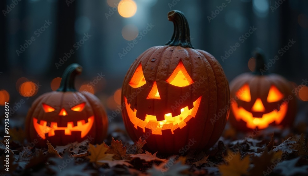 Fototapeta premium Eerie Halloween Pumpkins in the Woods