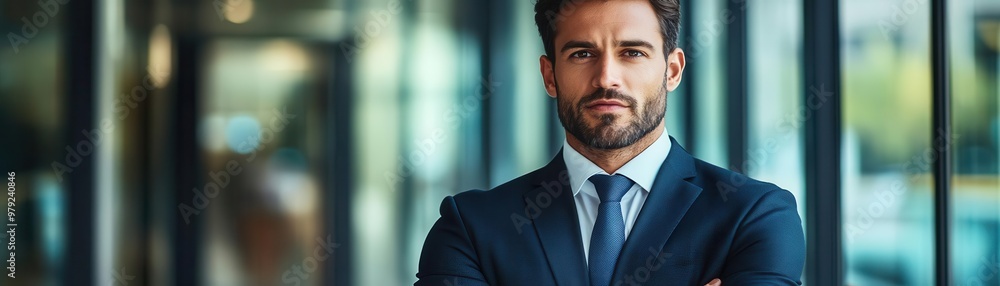 Confident businessman standing in office, arms crossed. Confident businessman standing in office, arms crossed.