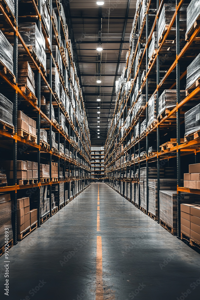 Logistic warehouse with high shelves, large aisles, and efficient storage solutions