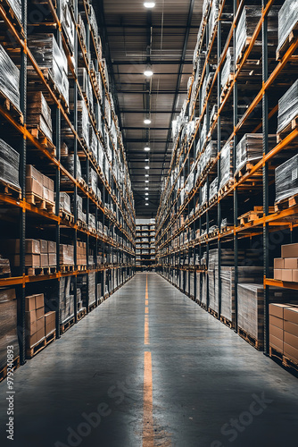 Obraz na płótnie Logistic warehouse with high shelves, large aisles, and efficient storage solutions w salonie
