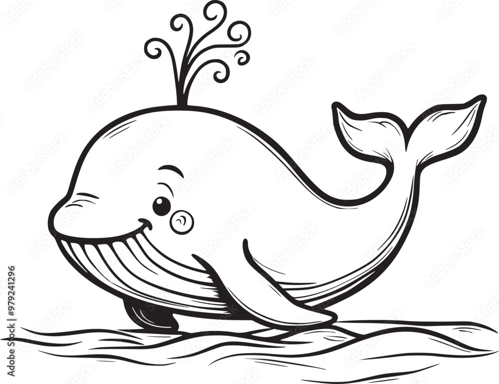 A friendly whale swimming with a smile coloring page illustration A friendly whale swimming with a smile coloring page illustration