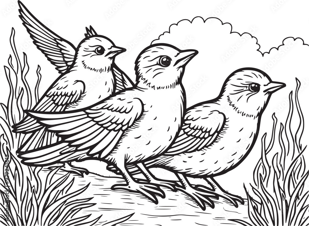 Set of birds on a branch outline illustration, coloring page Set of birds on a branch outline illustration, coloring page