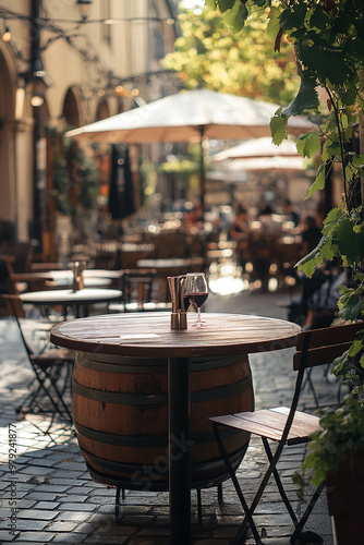 Outdoor tables of a restaurant in the center of a large European city. Barrel of wine photo