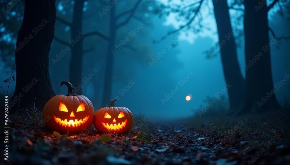 Naklejka premium Eerie Halloween path with glowing jackolanterns