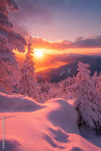 Panorama of the winter sunrise in the mountains photo