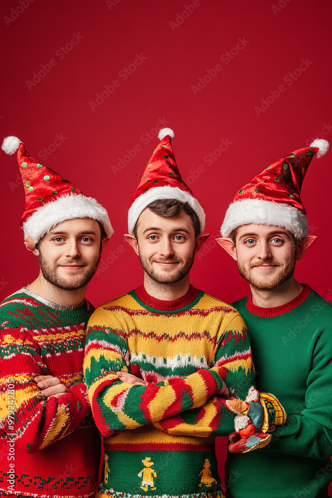 Portrait of three funky handsome trendy friends friendship elfs showing copy space eve time isolated over bright red color background Portrait of three funky handsome trendy friends friendship elfs showing copy space eve time isolated over bright red color background