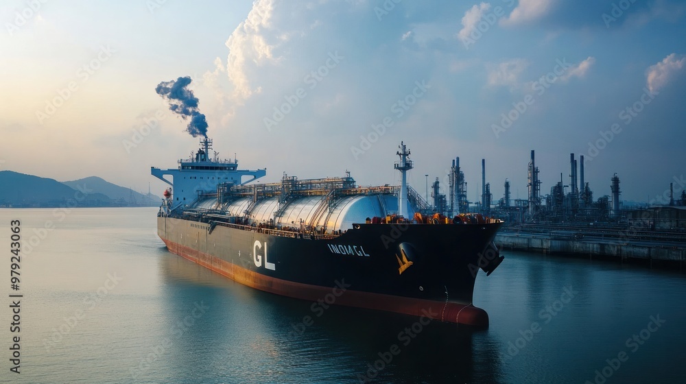 An LNG ship arriving at a port, unloading liquefied natural gas for local distribution as part of the global energy supply chain An LNG ship arriving at a port, unloading liquefied natural gas for local distribution as part of the global energy supply chain