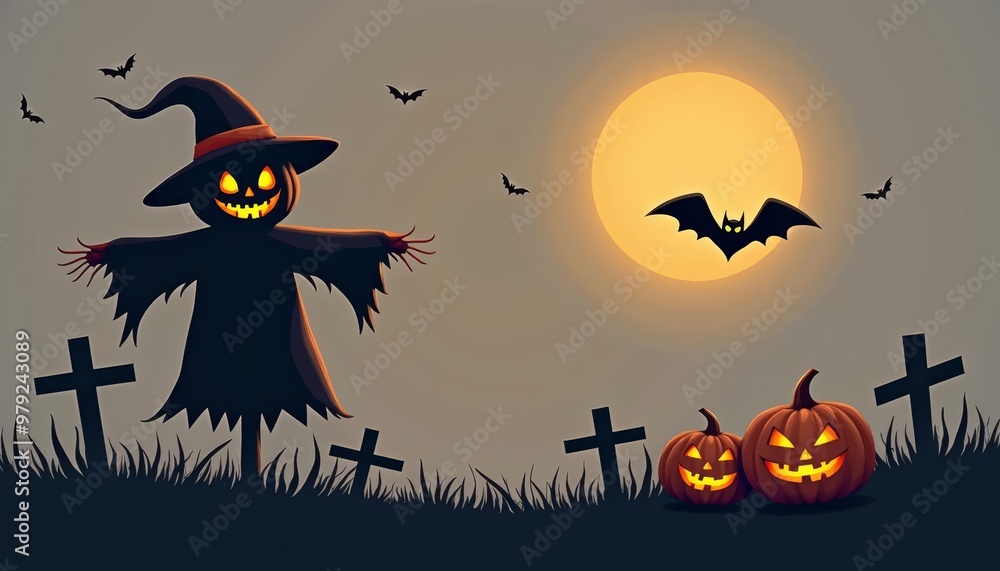Spooky Halloween scene with witch jackolanterns bats and gravestones Spooky Halloween scene with witch jackolanterns bats and gravestones