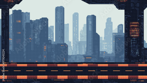 pixel art racing game level background, pixel retro design, 8 bit image, 2d racing track, road with futuristic city in the background, sci-fi, cityscape, race arcade vector illustration