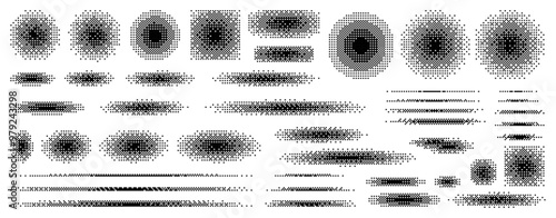 Pixel art halftone shadows and circles set, round pixel gradients. Retro game elements. Radial decay effect. Mosaic textures. Dither Gradient. Vector illustration.