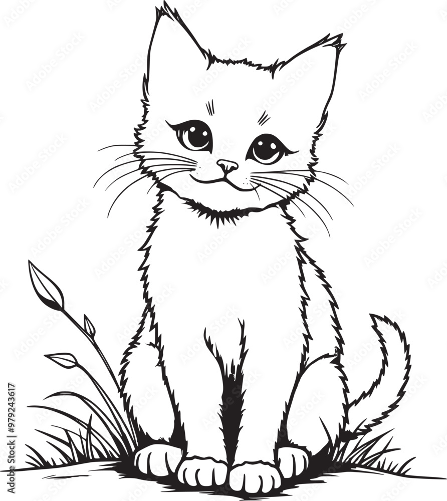 Obraz premium A cat, clean and simple line art, black and white out line illustration 