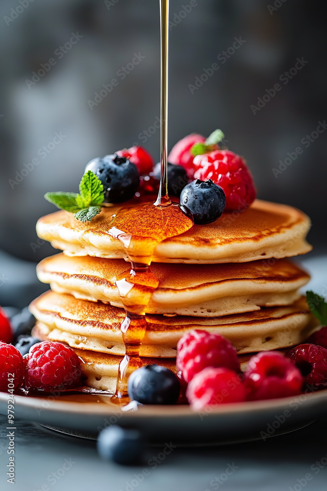 Stack of pancakes with syrup and berries, copy space for breakfast menu on the side Stack of pancakes with syrup and berries, copy space for breakfast menu on the side