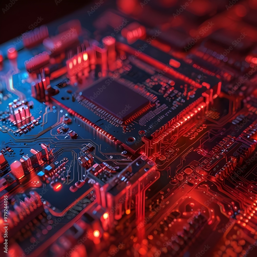 Close-up of Red Glowing Computer Circuit Board Close-up of Red Glowing Computer Circuit Board