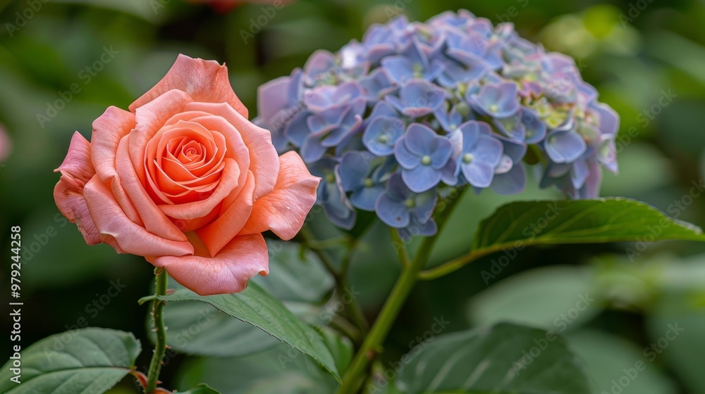 Vibrant Orange Rose and Blue Hydrangea Blossom, a Stunning Floral Display in a Lush Garden Setting. Vibrant Orange Rose and Blue Hydrangea Blossom, a Stunning Floral Display in a Lush Garden Setting.