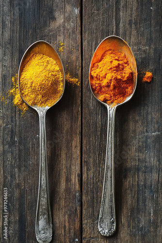 Two spoons rest on a rustic wooden table