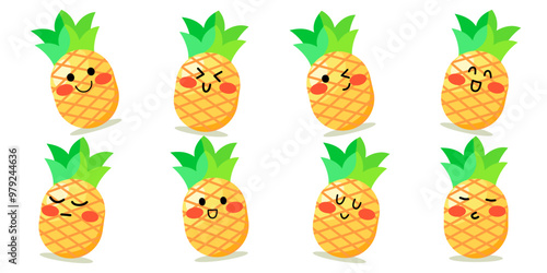 Set of Tropical summer fruit pineapple isolated on white background. Pineapple cartoon vector icon with facial expression. Illustration for kids and children books. Learning fruits