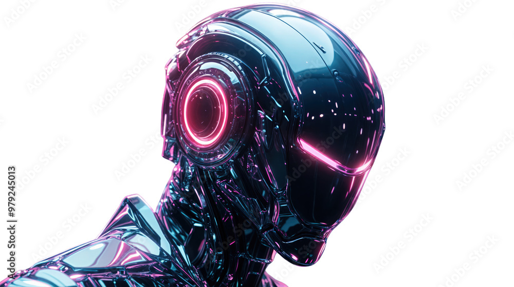 Futuristic Robot in Cyberpunk Neon Armor, Immersed in Metaverse