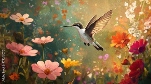 A tiny hummingbird flies through a garden, its wings beating rapidly as it approaches a cluster of colorful flowers